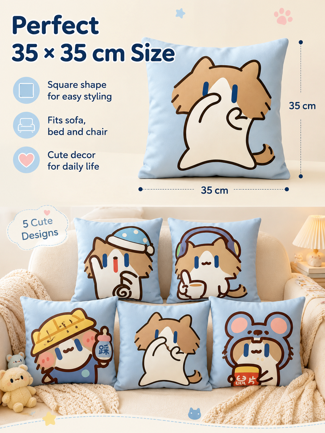 Cute Cartoon Cat Crystal Velvet Throw Pillow, Removable Washable Pillowcase, Soft Sofa Cushion for Bedroom Living Room
