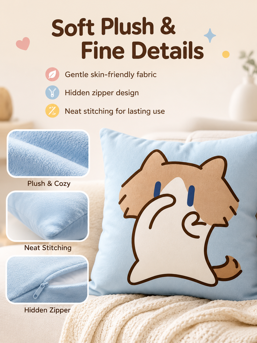 Cute Cartoon Cat Crystal Velvet Throw Pillow, Removable Washable Pillowcase, Soft Sofa Cushion for Bedroom Living Room