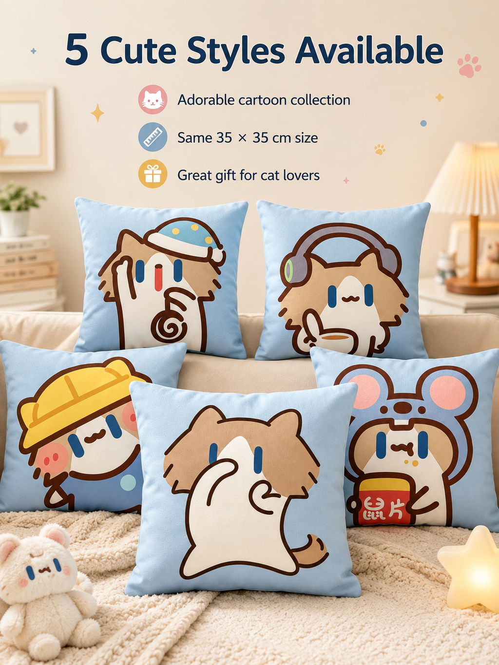 Cute Cartoon Cat Crystal Velvet Throw Pillow, Removable Washable Pillowcase, Soft Sofa Cushion for Bedroom Living Room