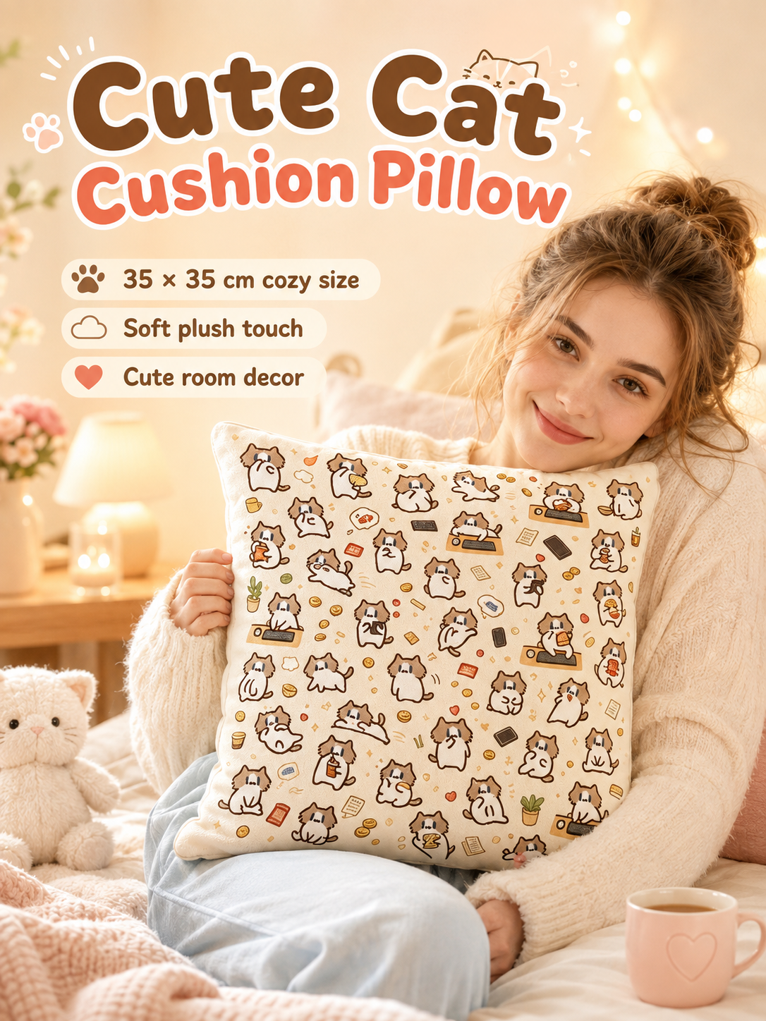 Cute Cartoon Cat Print Throw Pillow Cover, Square Decorative Cushion Case, Soft Pillowcase for Dorm Sofa Bedroom