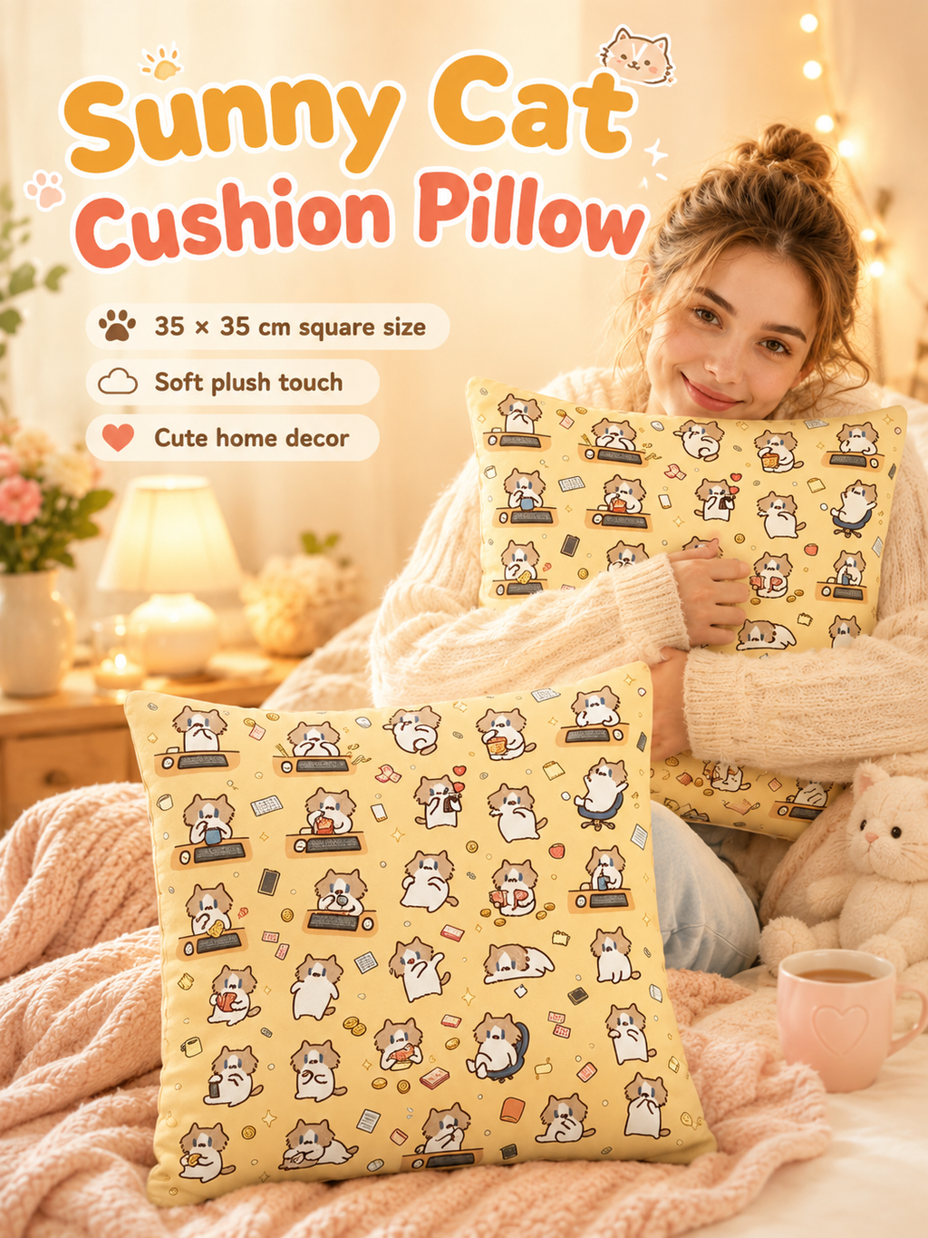 Cute Cartoon Cat Print Throw Pillow Cover, Square Decorative Cushion Case, Soft Pillowcase for Dorm Sofa Bedroom