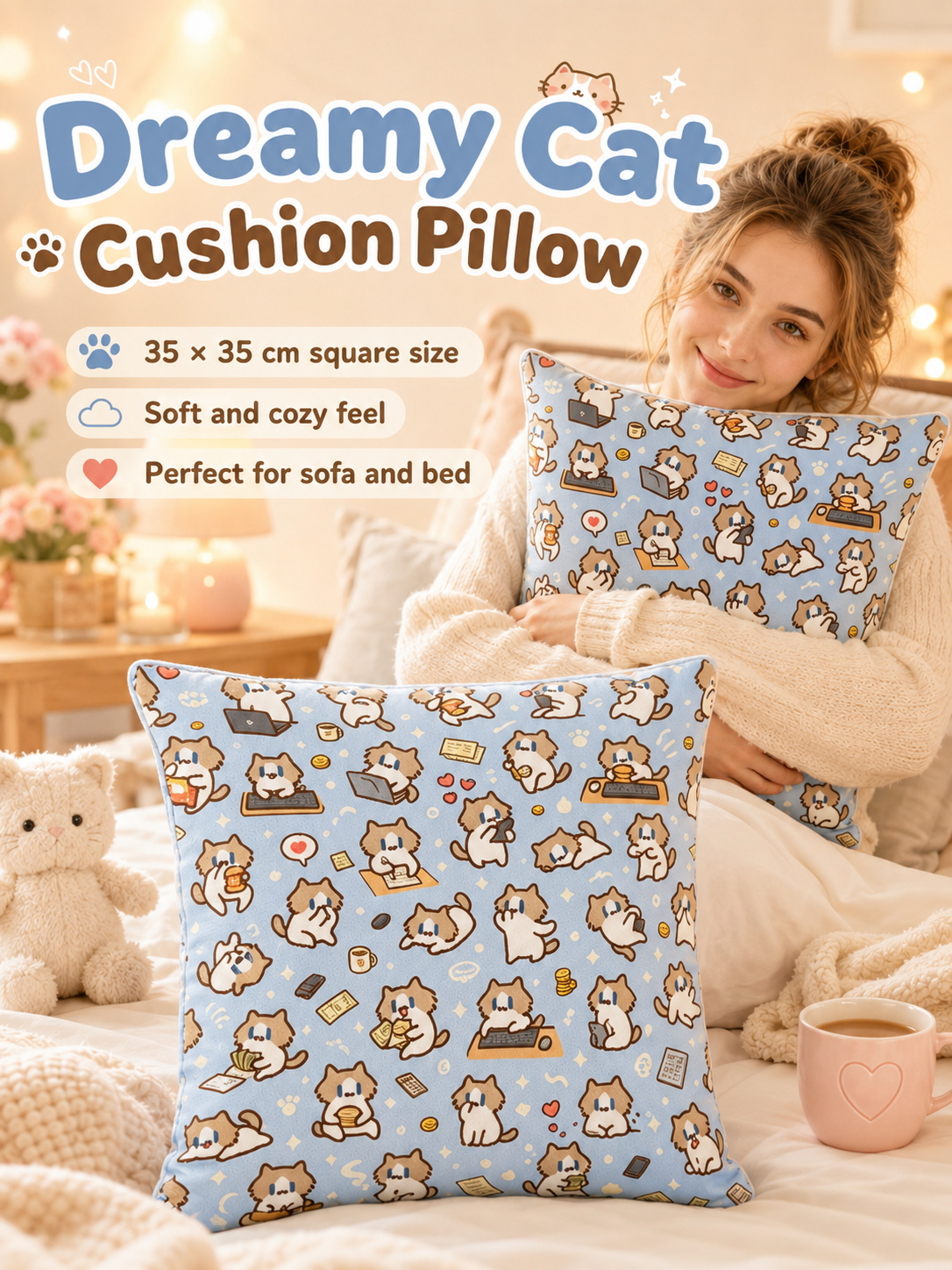 Cute Cartoon Cat Print Throw Pillow Cover, Square Decorative Cushion Case, Soft Pillowcase for Dorm Sofa Bedroom