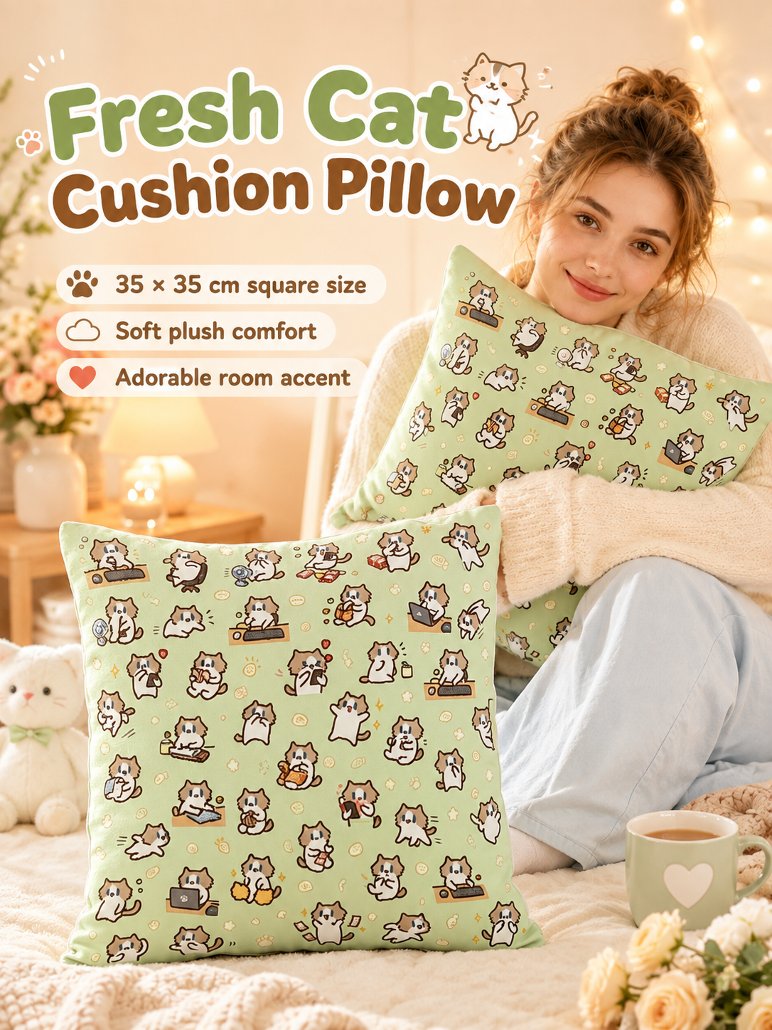 Cute Cartoon Cat Print Throw Pillow Cover, Square Decorative Cushion Case, Soft Pillowcase for Dorm Sofa Bedroom