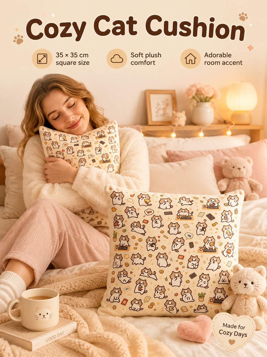Cute Cartoon Cat Print Throw Pillow Cover, Square Decorative Cushion Case, Soft Pillowcase for Dorm Sofa Bedroom
