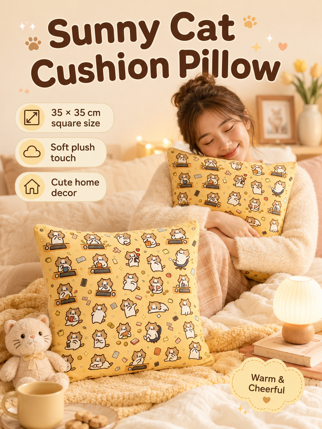 Cute Cartoon Cat Print Throw Pillow Cover, Square Decorative Cushion Case, Soft Pillowcase for Dorm Sofa Bedroom