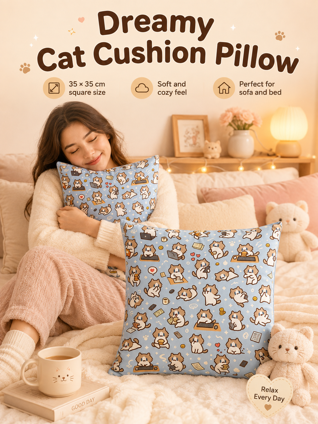 Cute Cartoon Cat Print Throw Pillow Cover, Square Decorative Cushion Case, Soft Pillowcase for Dorm Sofa Bedroom