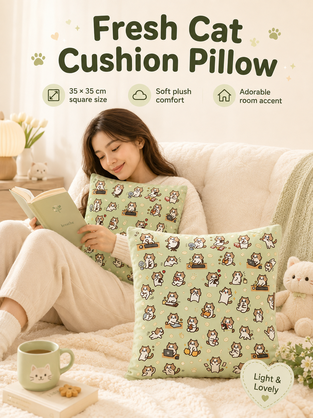 Cute Cartoon Cat Print Throw Pillow Cover, Square Decorative Cushion Case, Soft Pillowcase for Dorm Sofa Bedroom