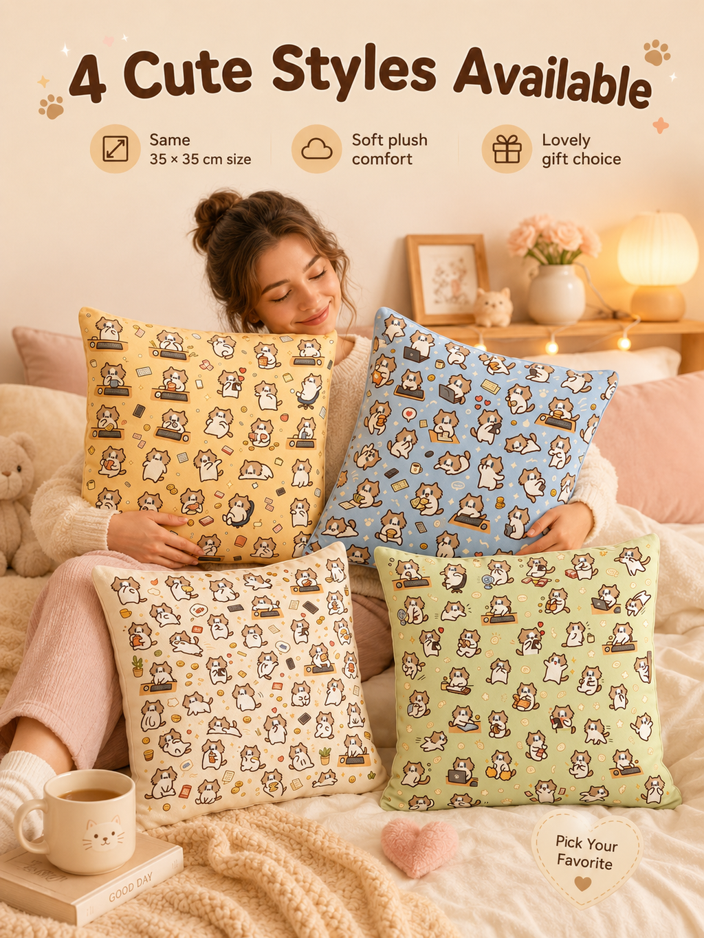 Cute Cartoon Cat Print Throw Pillow Cover, Square Decorative Cushion Case, Soft Pillowcase for Dorm Sofa Bedroom