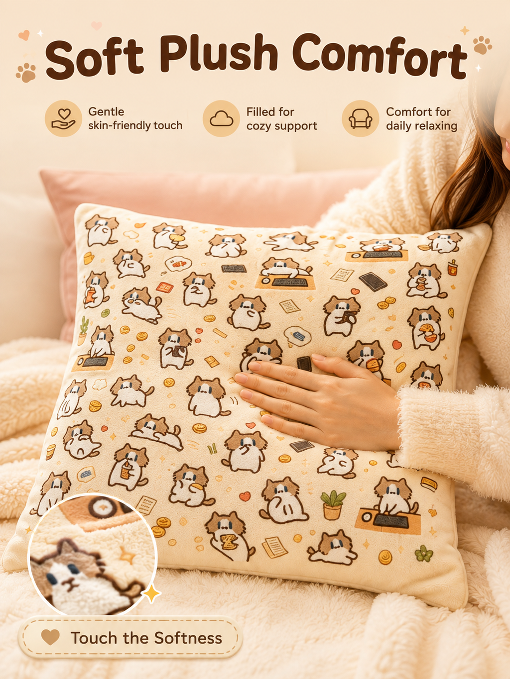 Cute Cartoon Cat Print Throw Pillow Cover, Square Decorative Cushion Case, Soft Pillowcase for Dorm Sofa Bedroom