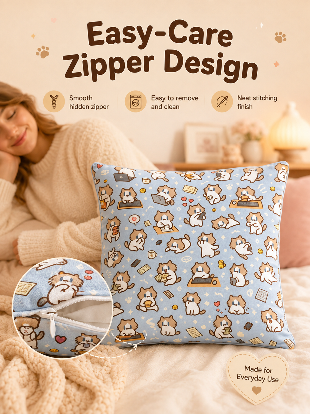 Cute Cartoon Cat Print Throw Pillow Cover, Square Decorative Cushion Case, Soft Pillowcase for Dorm Sofa Bedroom