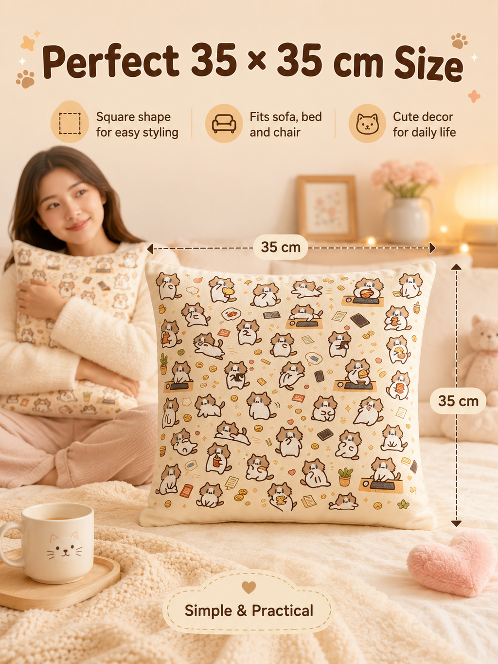 Cute Cartoon Cat Print Throw Pillow Cover, Square Decorative Cushion Case, Soft Pillowcase for Dorm Sofa Bedroom