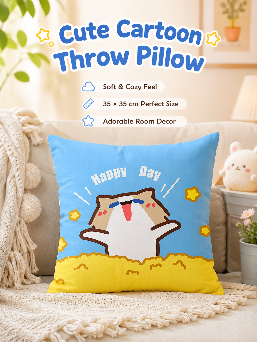 Cute Summer Beach Cartoon Cat Throw Pillow Cover, Square Decorative Cushion Case, Soft Pillowcase for Home Office Dorm