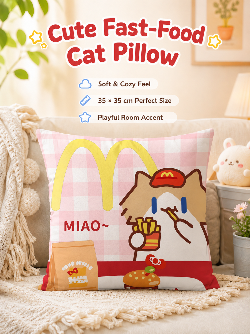Cute Summer Beach Cartoon Cat Throw Pillow Cover, Square Decorative Cushion Case, Soft Pillowcase for Home Office Dorm