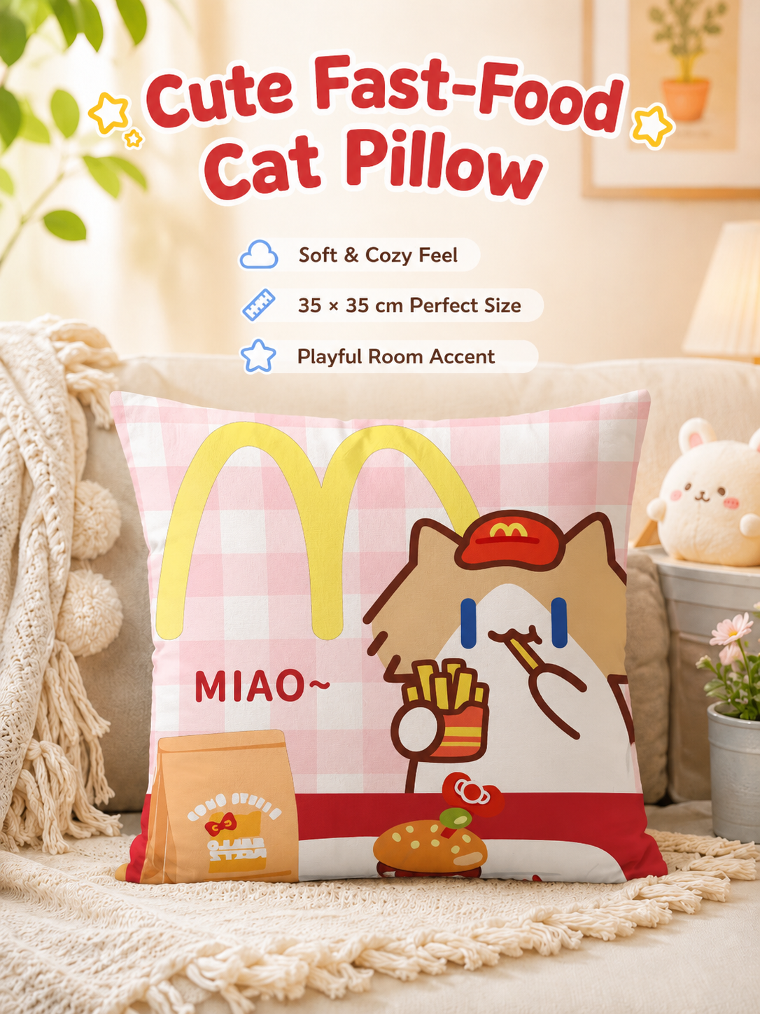 Cute Summer Beach Cartoon Cat Throw Pillow Cover, Square Decorative Cushion Case, Soft Pillowcase for Home Office Dorm