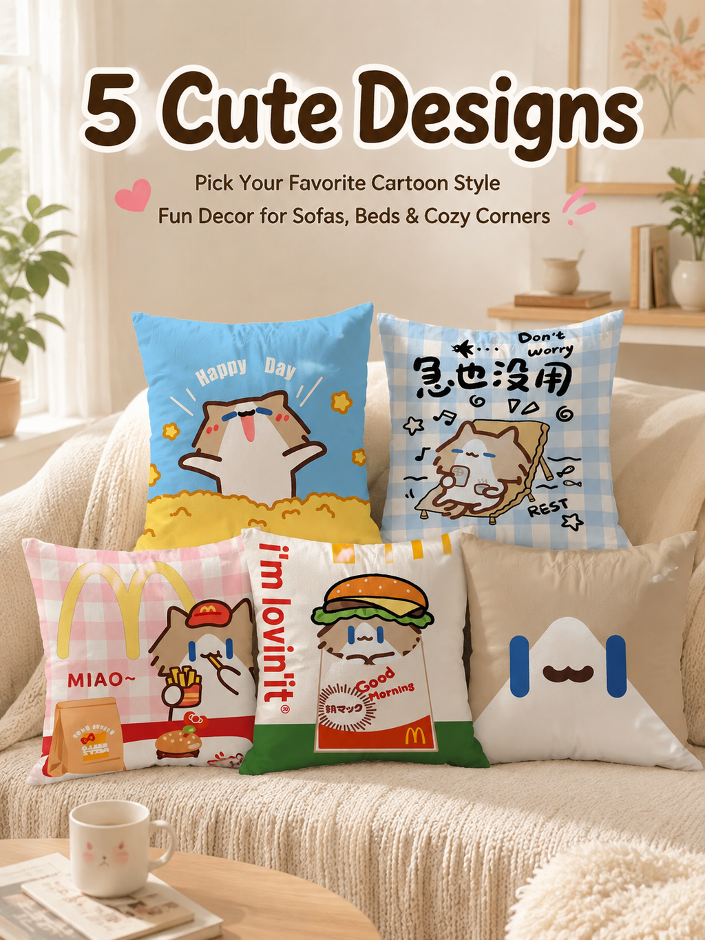 Cute Summer Beach Cartoon Cat Throw Pillow Cover, Square Decorative Cushion Case, Soft Pillowcase for Home Office Dorm