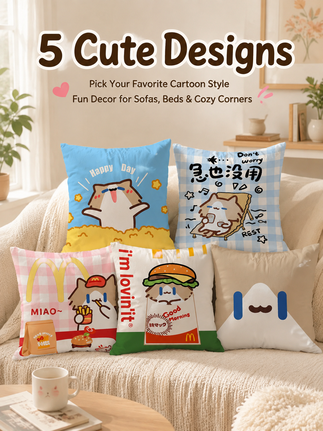 Cute Summer Beach Cartoon Cat Throw Pillow Cover, Square Decorative Cushion Case, Soft Pillowcase for Home Office Dorm