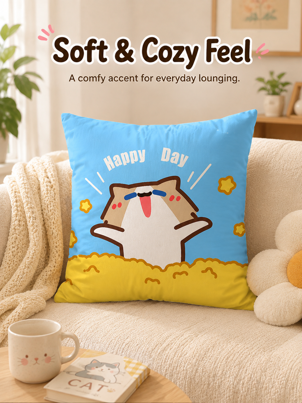 Cute Summer Beach Cartoon Cat Throw Pillow Cover, Square Decorative Cushion Case, Soft Pillowcase for Home Office Dorm