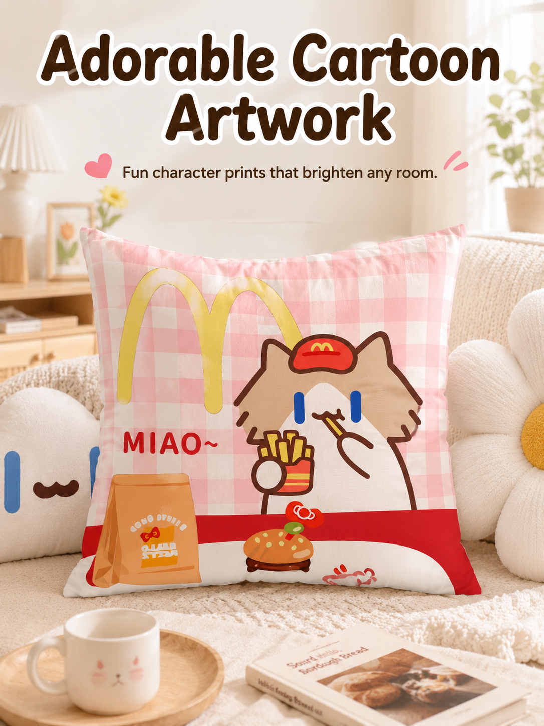 Cute Summer Beach Cartoon Cat Throw Pillow Cover, Square Decorative Cushion Case, Soft Pillowcase for Home Office Dorm