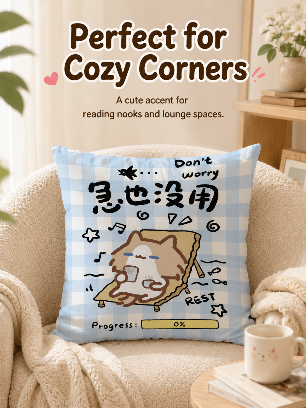 Cute Summer Beach Cartoon Cat Throw Pillow Cover, Square Decorative Cushion Case, Soft Pillowcase for Home Office Dorm