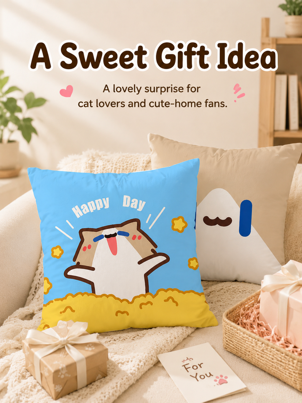 Cute Summer Beach Cartoon Cat Throw Pillow Cover, Square Decorative Cushion Case, Soft Pillowcase for Home Office Dorm
