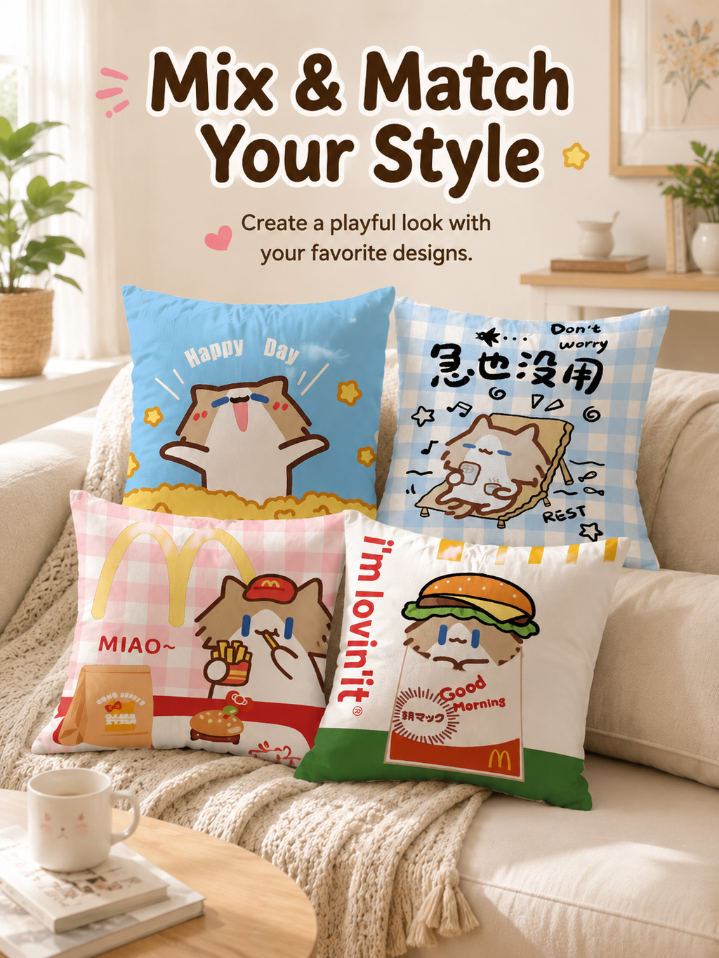 Cute Summer Beach Cartoon Cat Throw Pillow Cover, Square Decorative Cushion Case, Soft Pillowcase for Home Office Dorm