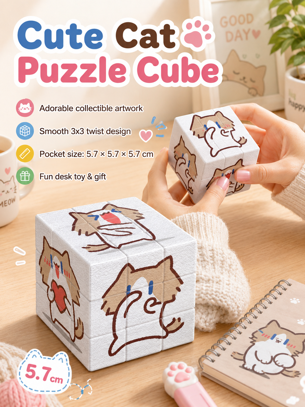 Cute Cartoon Cat 3x3 Magic Cube, Lovely IP Printed Puzzle Cube, Educational Stress Relief Toy, Creative Gift for Students