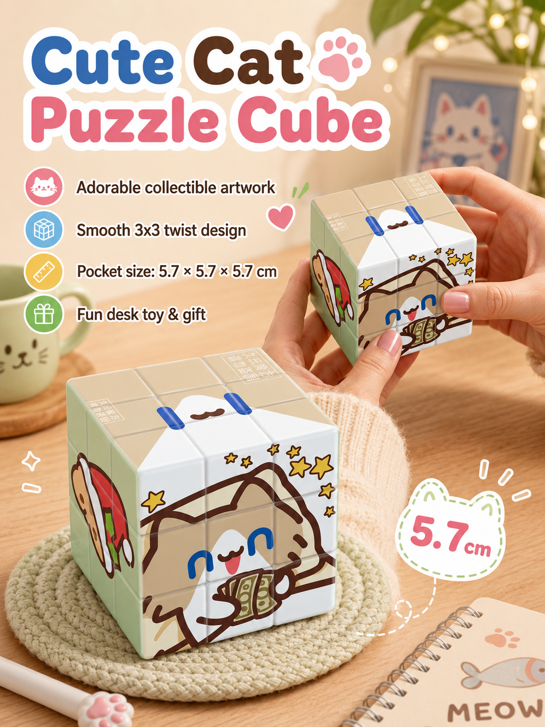 Cute Cartoon Cat 3x3 Magic Cube, Lovely IP Printed Puzzle Cube, Educational Stress Relief Toy, Creative Gift for Students