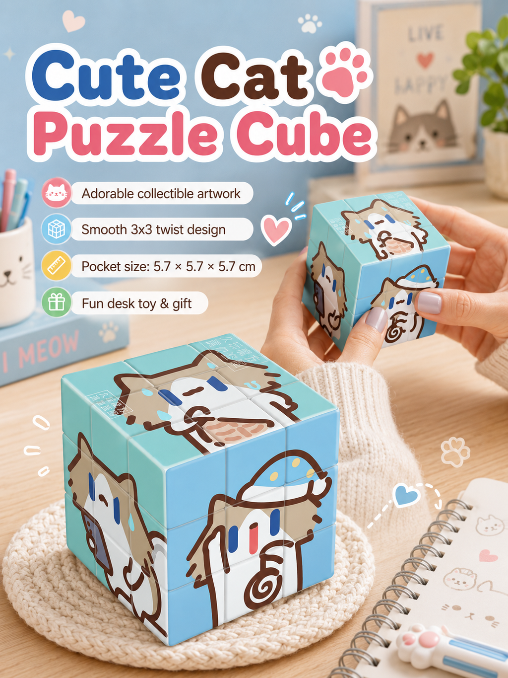 Cute Cartoon Cat 3x3 Magic Cube, Lovely IP Printed Puzzle Cube, Educational Stress Relief Toy, Creative Gift for Students