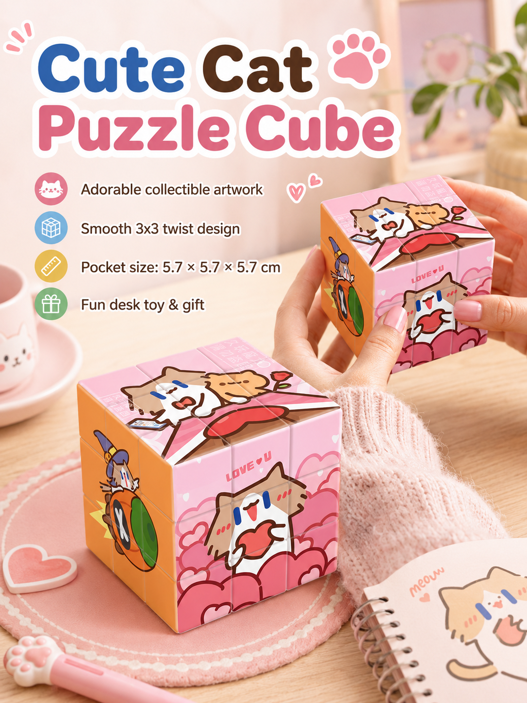 Cute Cartoon Cat 3x3 Magic Cube, Lovely IP Printed Puzzle Cube, Educational Stress Relief Toy, Creative Gift for Students
