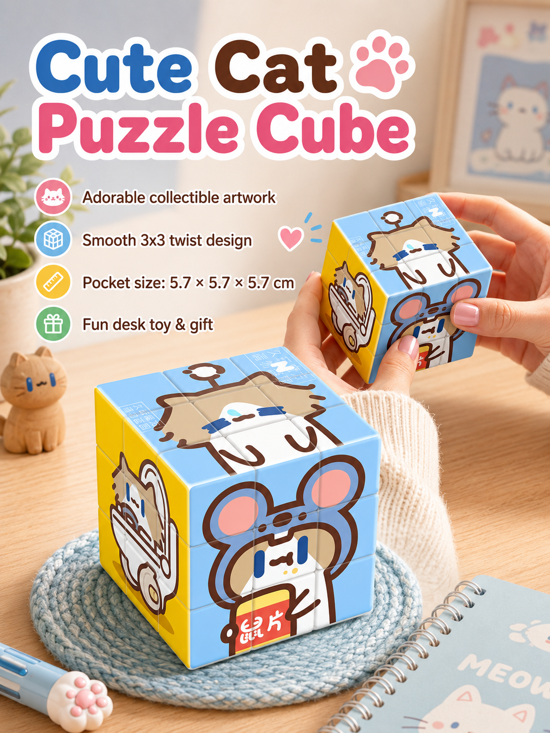 Cute Cartoon Cat 3x3 Magic Cube, Lovely IP Printed Puzzle Cube, Educational Stress Relief Toy, Creative Gift for Students