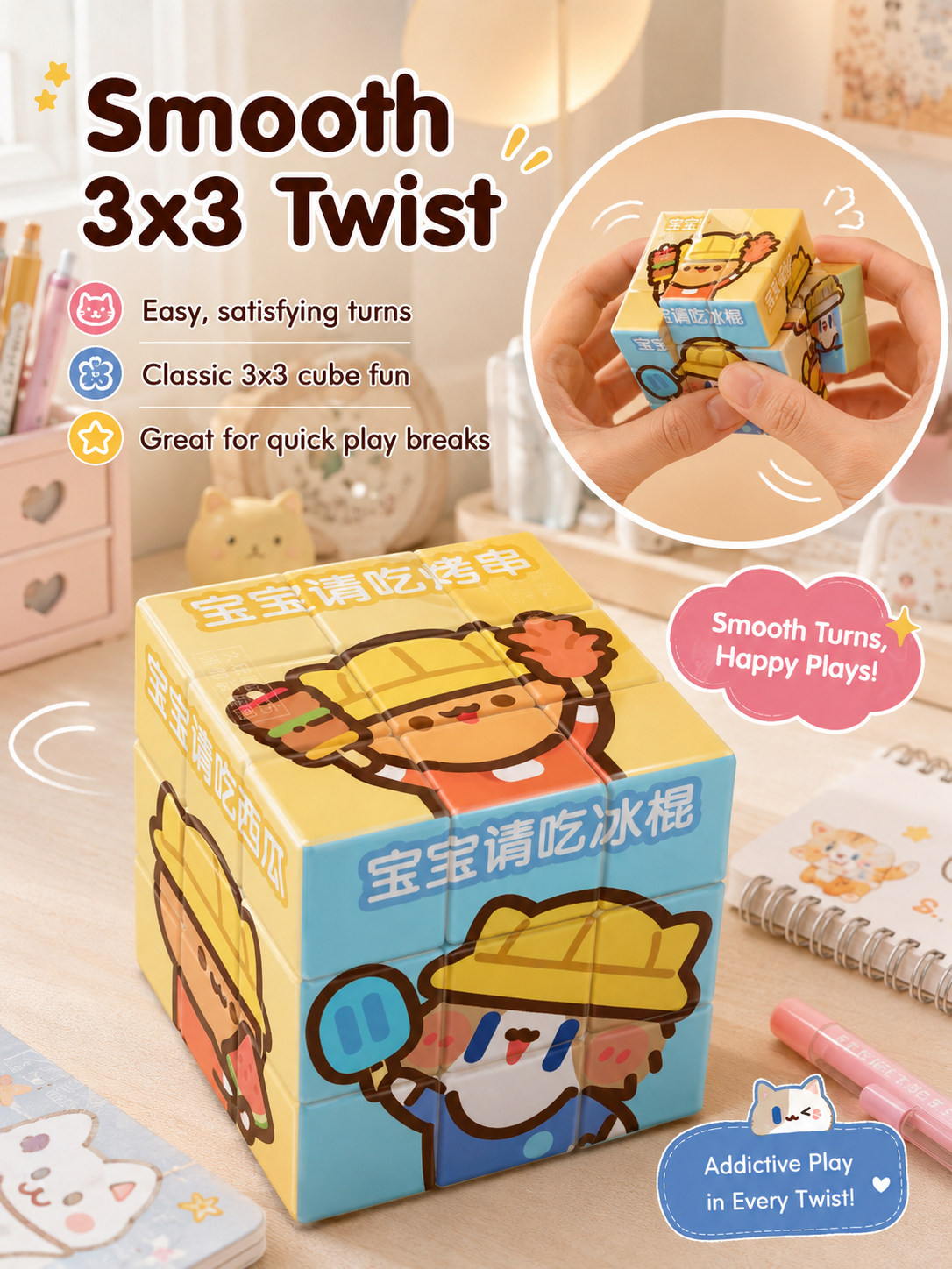Cute Cartoon Cat 3x3 Magic Cube, Lovely IP Printed Puzzle Cube, Educational Stress Relief Toy, Creative Gift for Students
