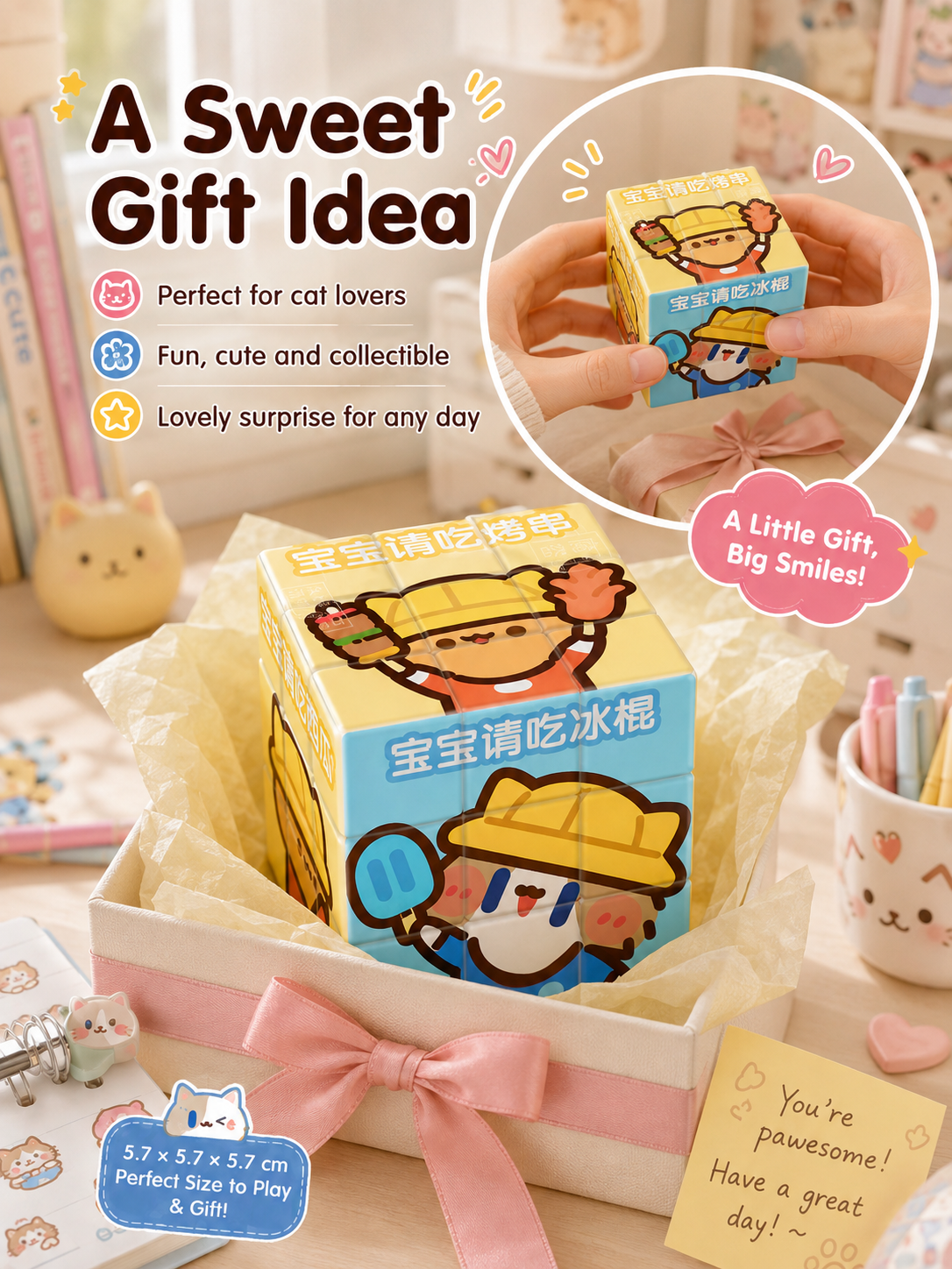 Cute Cartoon Cat 3x3 Magic Cube, Lovely IP Printed Puzzle Cube, Educational Stress Relief Toy, Creative Gift for Students