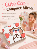 Cute Cartoon Cat Folding Compact Mirror, Double‑Sided Pattern Mini Makeup Mirror, Portable Pocket Mirror for Students