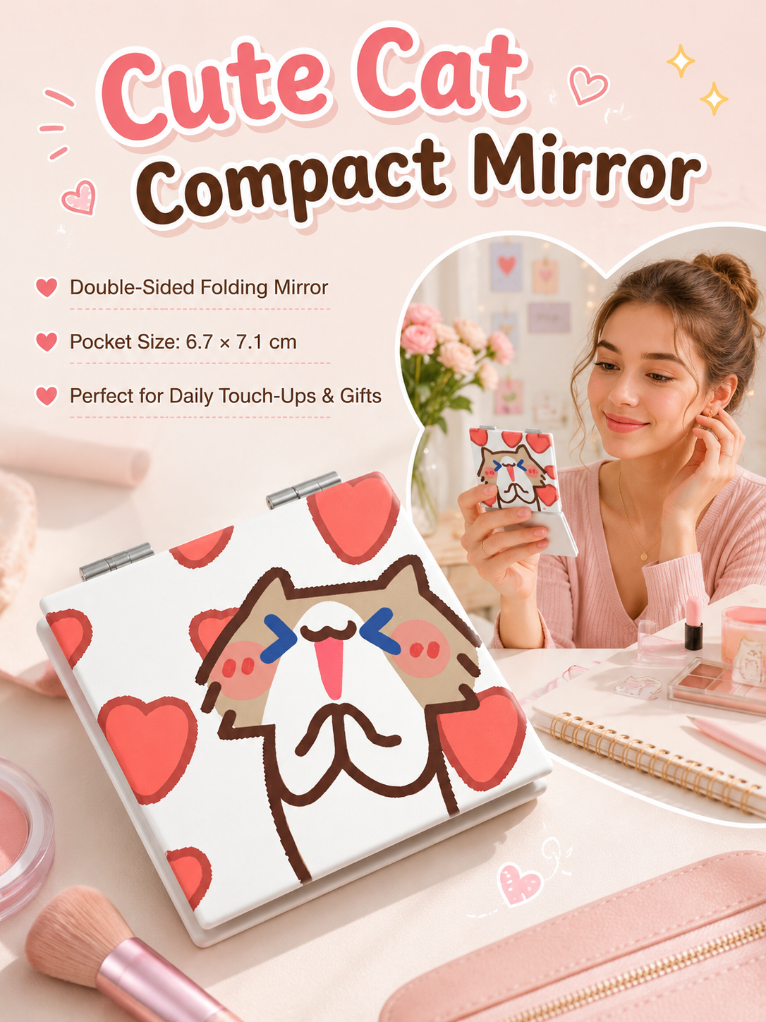 Cute Cartoon Cat Folding Compact Mirror, Double‑Sided Pattern Mini Makeup Mirror, Portable Pocket Mirror for Students