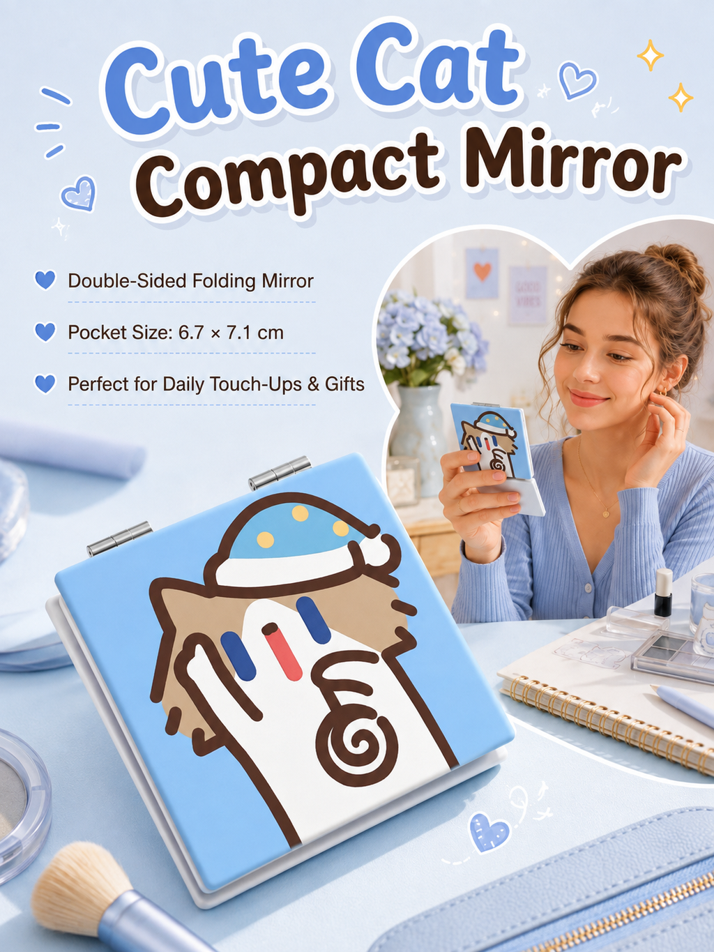 Cute Cartoon Cat Folding Compact Mirror, Double‑Sided Pattern Mini Makeup Mirror, Portable Pocket Mirror for Students