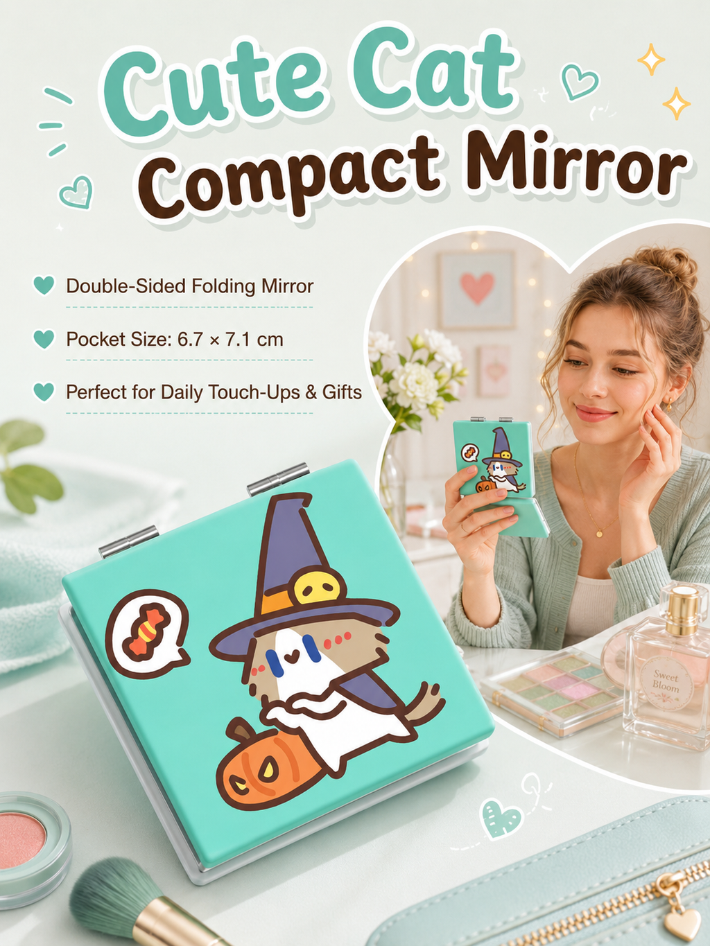 Cute Cartoon Cat Folding Compact Mirror, Double‑Sided Pattern Mini Makeup Mirror, Portable Pocket Mirror for Students