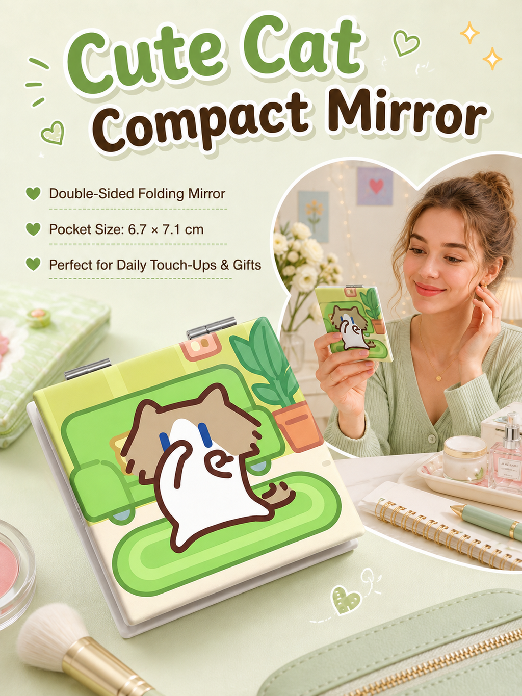 Cute Cartoon Cat Folding Compact Mirror, Double‑Sided Pattern Mini Makeup Mirror, Portable Pocket Mirror for Students