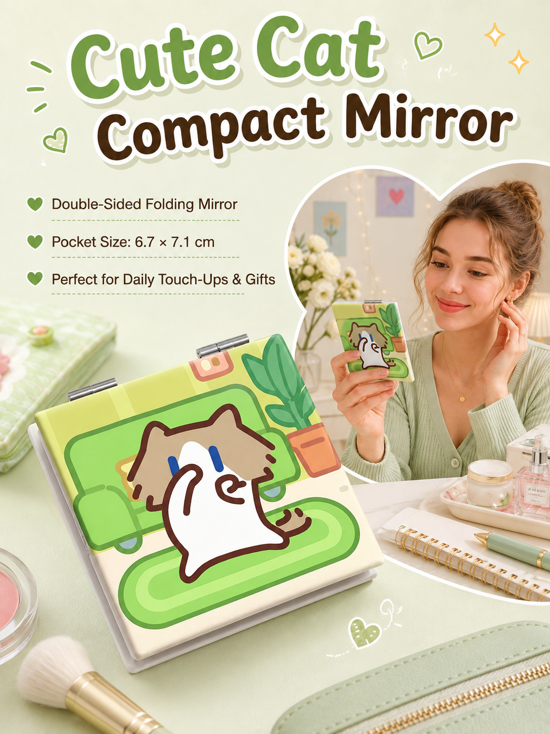 Cute Cartoon Cat Folding Compact Mirror, Double‑Sided Pattern Mini Makeup Mirror, Portable Pocket Mirror for Students