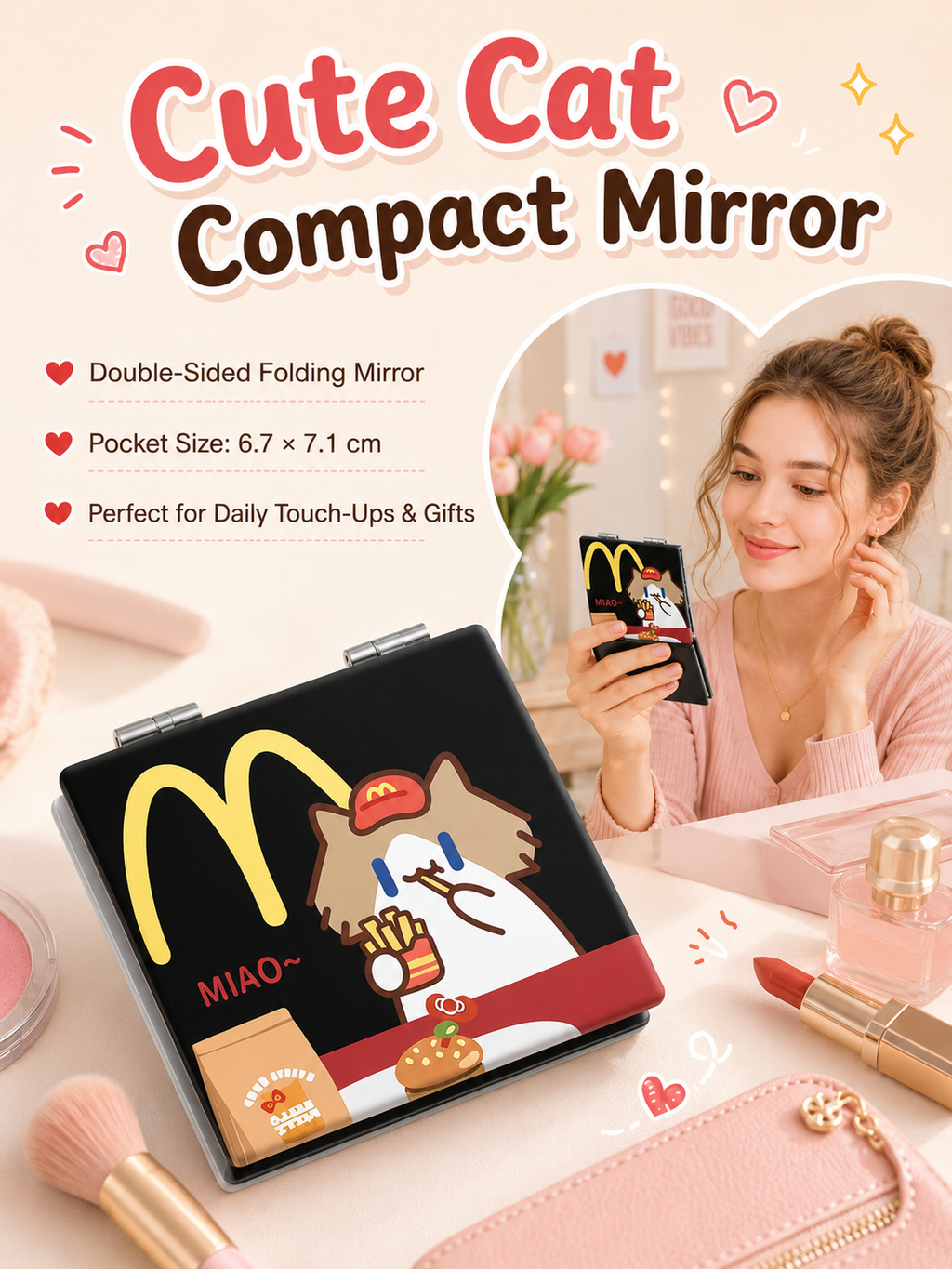 Cute Cartoon Cat Folding Compact Mirror, Double‑Sided Pattern Mini Makeup Mirror, Portable Pocket Mirror for Students