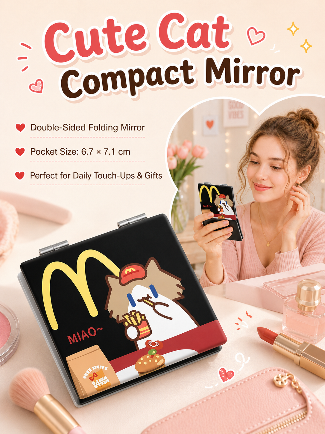 Cute Cartoon Cat Folding Compact Mirror, Double‑Sided Pattern Mini Makeup Mirror, Portable Pocket Mirror for Students