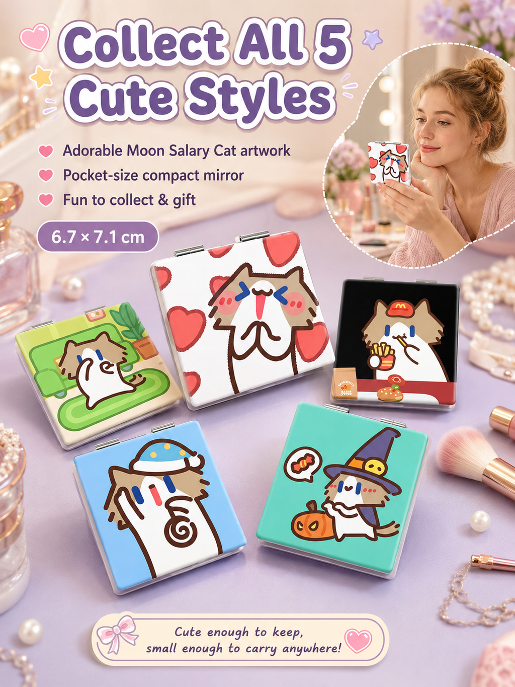 Cute Cartoon Cat Folding Compact Mirror, Double‑Sided Pattern Mini Makeup Mirror, Portable Pocket Mirror for Students