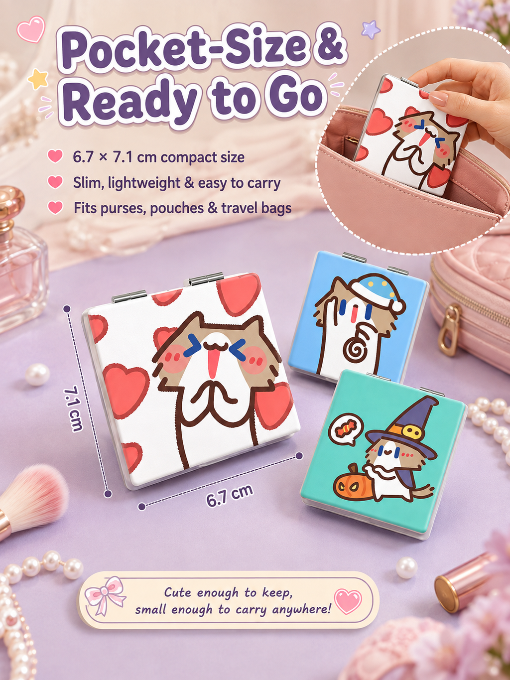 Cute Cartoon Cat Folding Compact Mirror, Double‑Sided Pattern Mini Makeup Mirror, Portable Pocket Mirror for Students