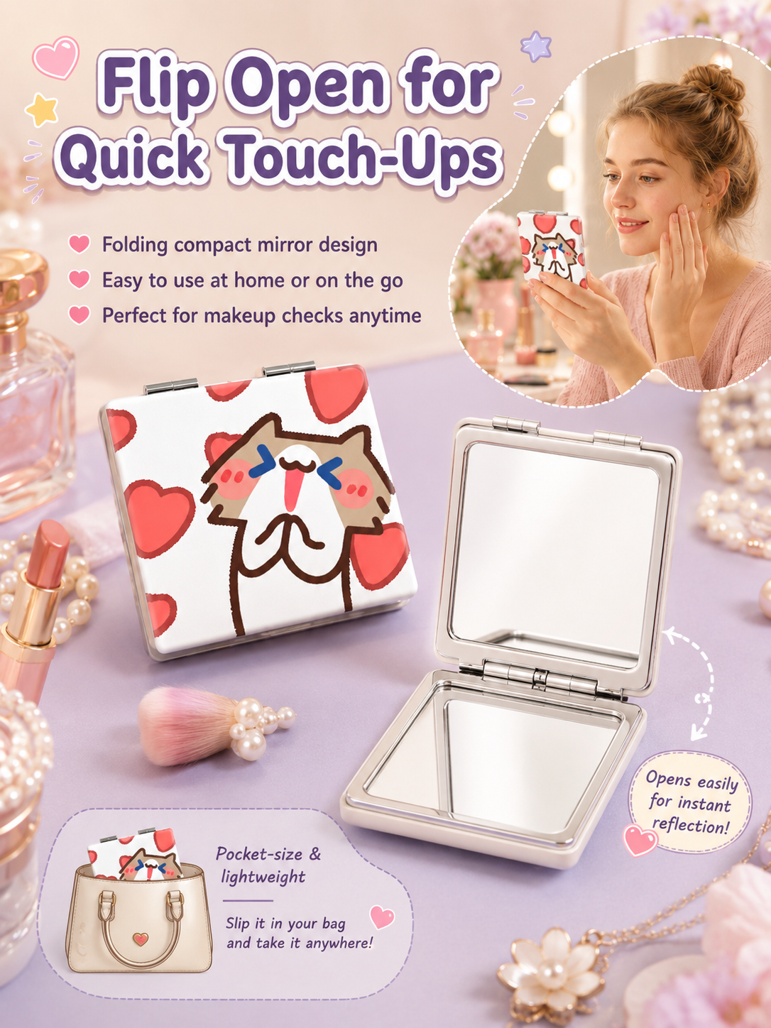 Cute Cartoon Cat Folding Compact Mirror, Double‑Sided Pattern Mini Makeup Mirror, Portable Pocket Mirror for Students