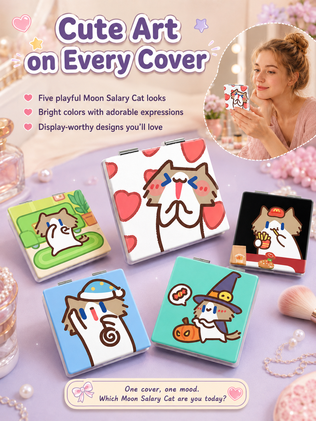 Cute Cartoon Cat Folding Compact Mirror, Double‑Sided Pattern Mini Makeup Mirror, Portable Pocket Mirror for Students