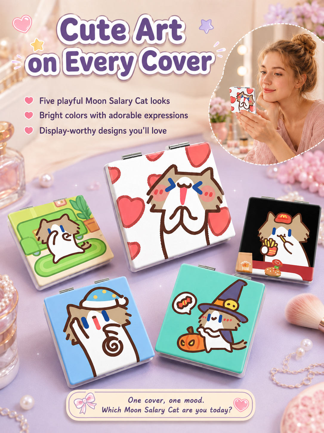 Cute Cartoon Cat Folding Compact Mirror, Double‑Sided Pattern Mini Makeup Mirror, Portable Pocket Mirror for Students