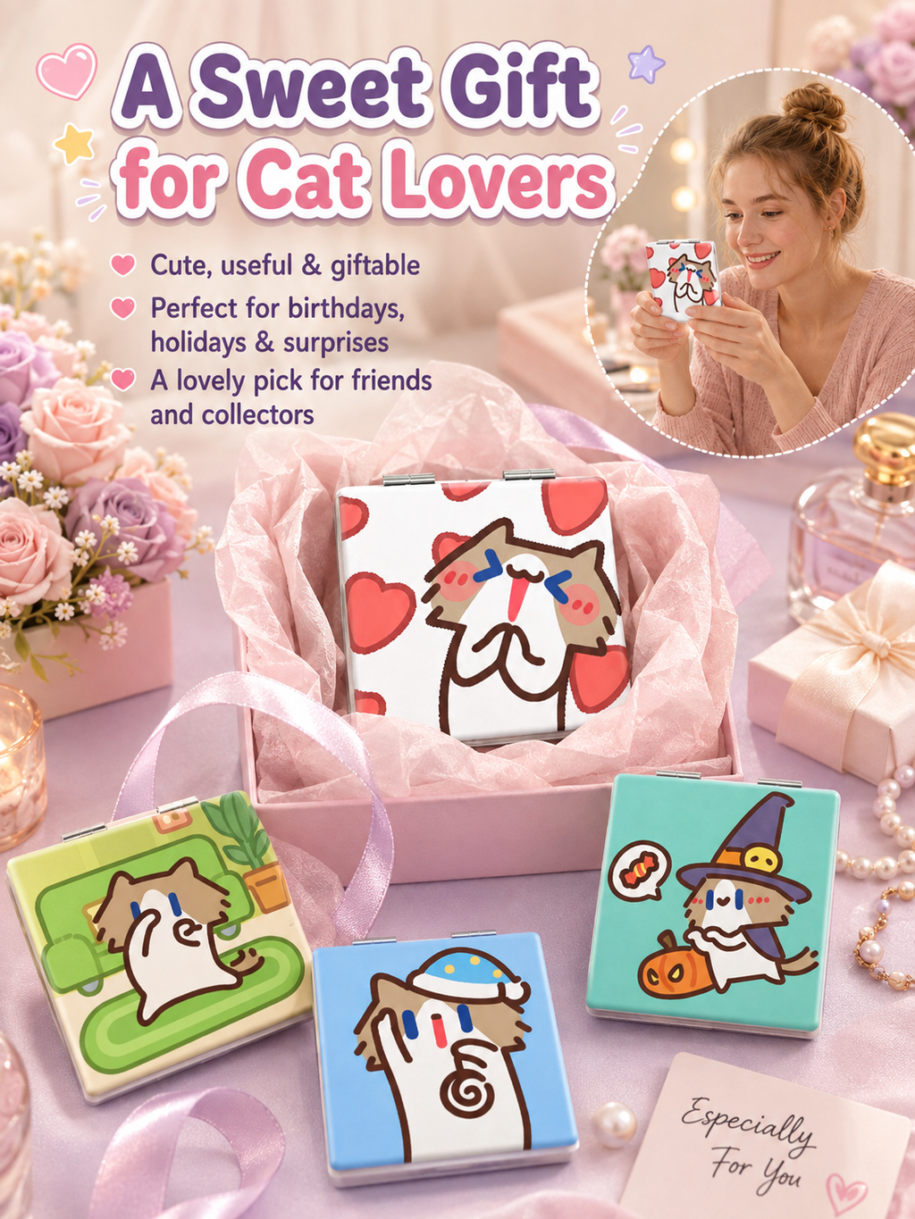 Cute Cartoon Cat Folding Compact Mirror, Double‑Sided Pattern Mini Makeup Mirror, Portable Pocket Mirror for Students