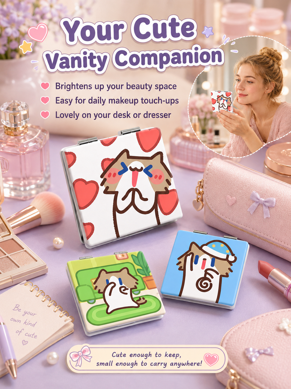 Cute Cartoon Cat Folding Compact Mirror, Double‑Sided Pattern Mini Makeup Mirror, Portable Pocket Mirror for Students