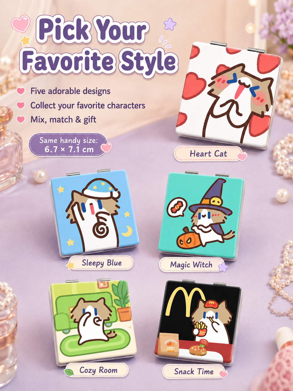 Cute Cartoon Cat Folding Compact Mirror, Double‑Sided Pattern Mini Makeup Mirror, Portable Pocket Mirror for Students