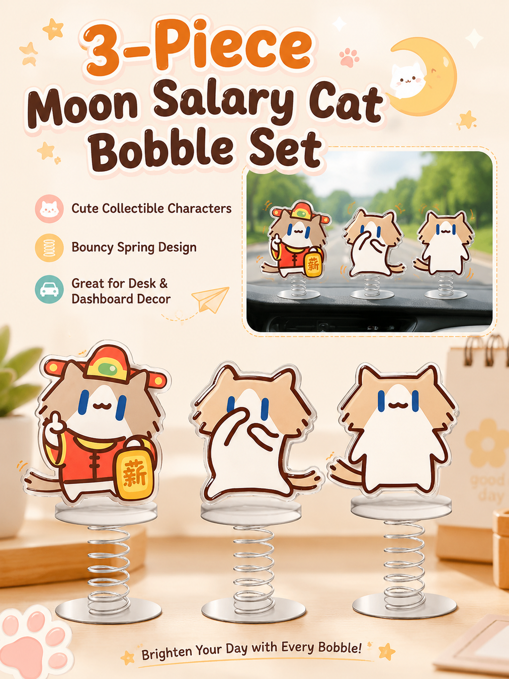 Cute Cartoon Cat Swing Car Dashboard Ornament, Lovely Wobbly Figure Decor, Car & Electric Vehicle Interior Decoration