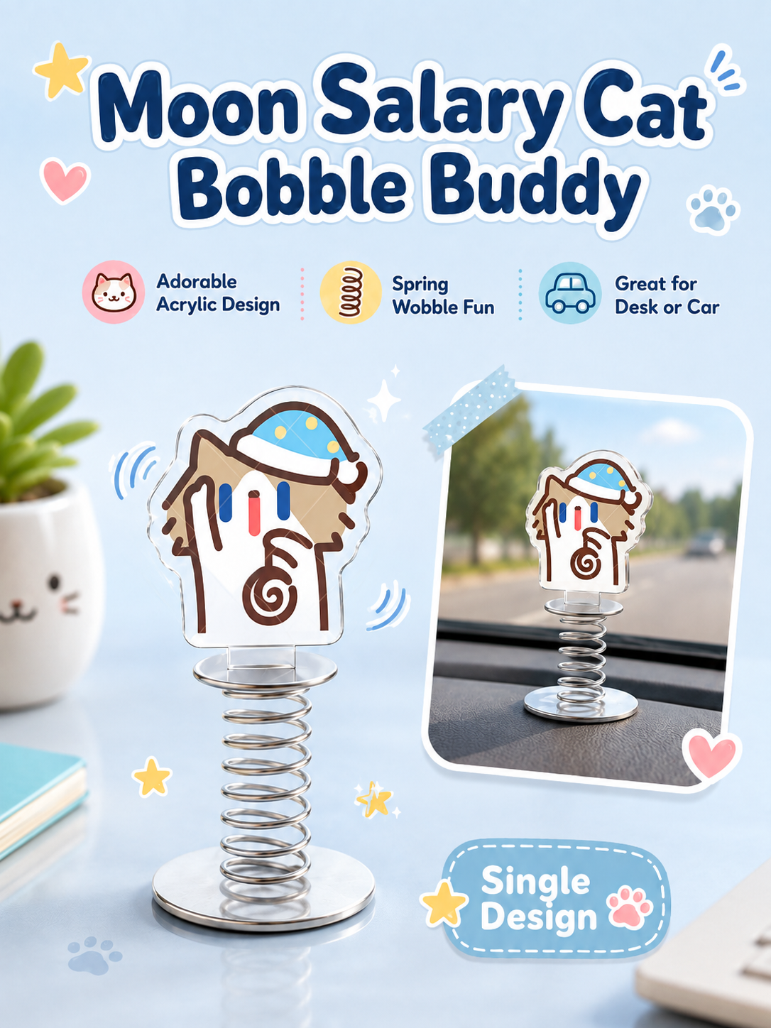 Cute Cartoon Cat Acrylic Spring Wobble Stand Figure, Double‑Sided Printed Shaking Ornament, Car Dashboard & Desk Decor